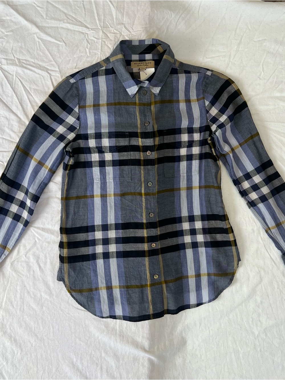 Burberry Blue Gray Black Plaid Button-Down Shirt
